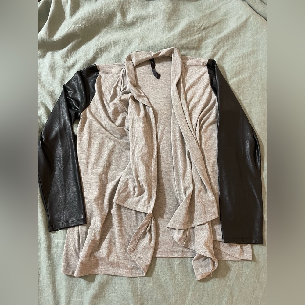 Jessica Simpson black and grey cardigan with black pleather sleeves
